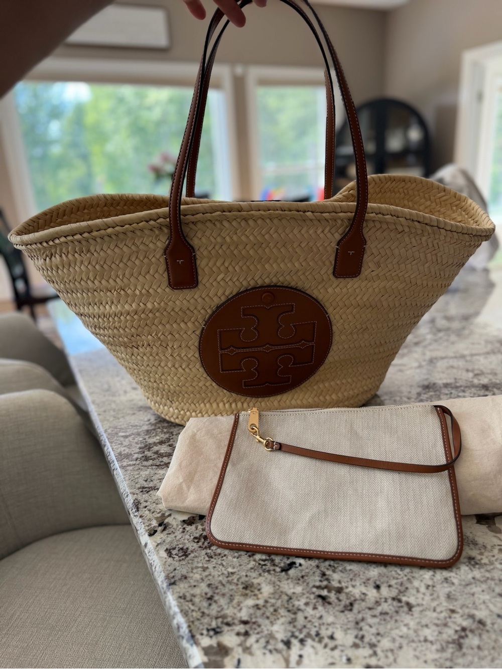 Tory Burch Natural Straw Tote with Brown Leather Trim and Logo